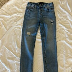 KUT Stevie straight leg high rise button front blue jeans, distressed, Size 6